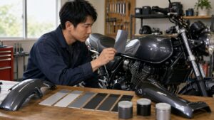 ホンダバイクの塗装色を色見本で確認する作業風景