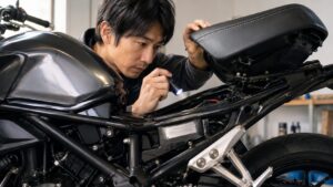 バイクのシート下でカラーコードラベルを確認する日本人男性