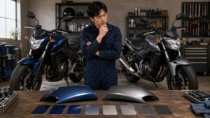年式や型式で異なるバイクのボディカラーを比較する様子