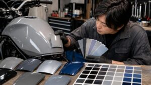 バイクのボディカラーを色見本と外装パーツで照合する作業