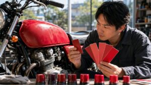 赤いバイクの塗装色を複数の赤色見本で確認する作業
