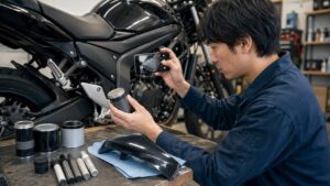 バイクの塗料番号をスマホで撮影して確認する作業風景