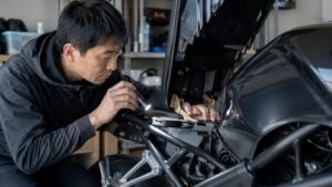 バイクのシート下をライトで照らしてカラーコードラベルを探す日本人男性
