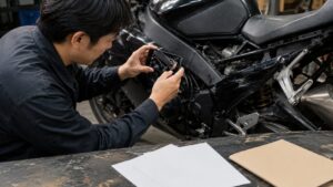 バイクの傷や車体情報をスマホで撮影して記録する作業