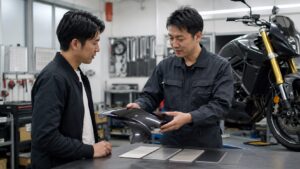バイク塗装店で外装パーツと色見本を見ながら相談する様子