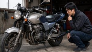 外装色が一部異なる中古バイクを確認する日本人男性