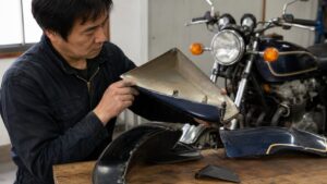 取り外したバイク外装パネルの裏側から元の塗装色を確認する作業