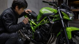 緑色のバイクのフレーム周辺でカラーコードラベルを確認する作業