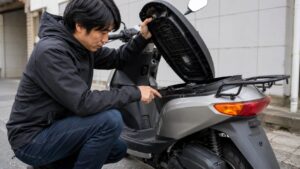 スクーターのシート下収納でカラーコードラベルを探す日本人男性