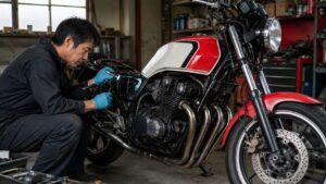 旧車バイクのシートを外してカラー番号を確認する整備作業