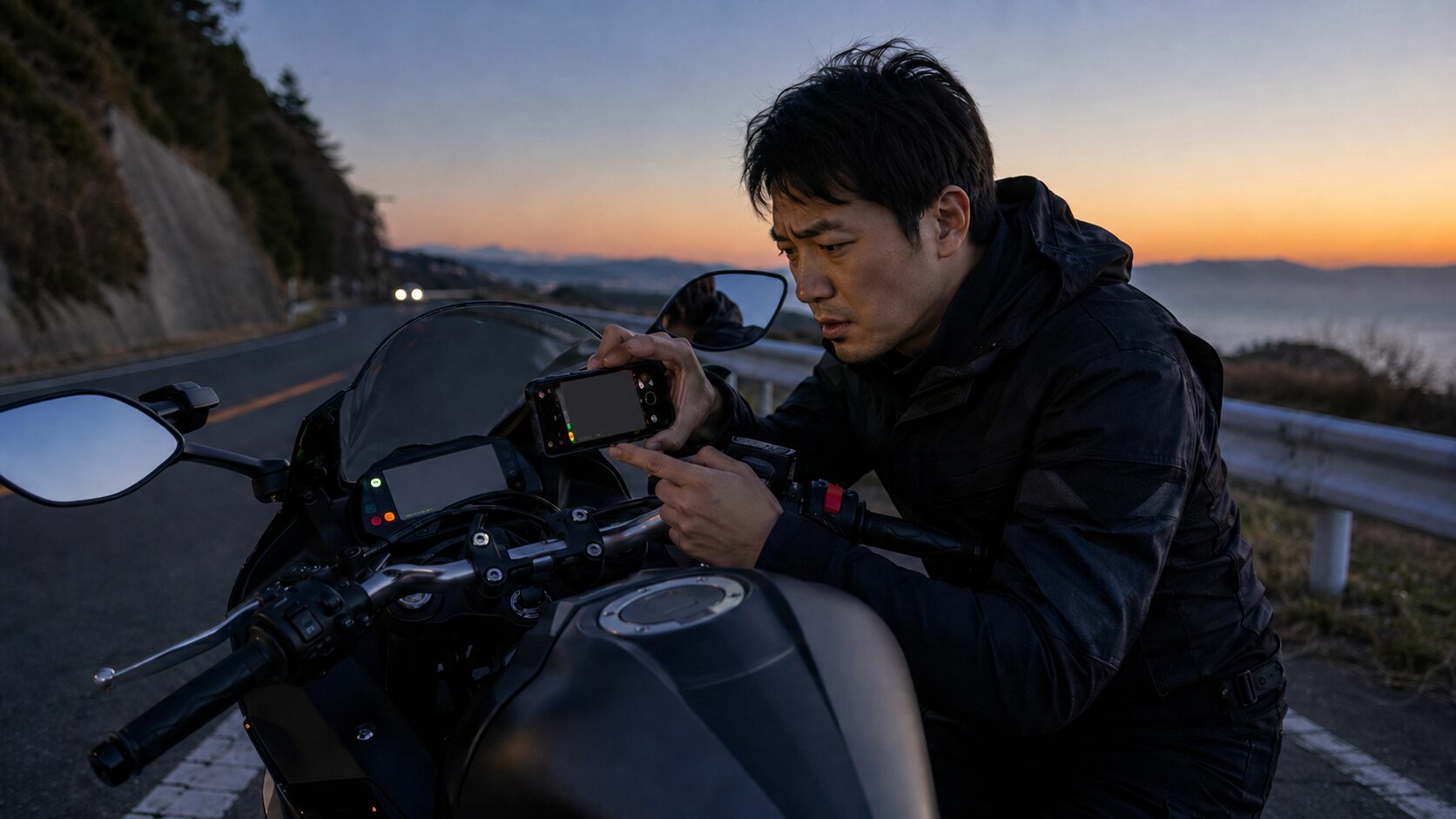 ヤマハバイクのエラーコード表示を道端で確認する日本人ライダー