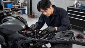 バイクのバッテリーと配線を点検してエラーコードの原因を確認する様子