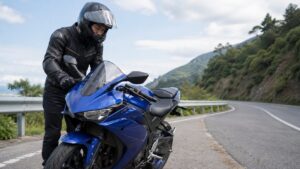 YZF-R25のようなスポーツバイクを路肩で点検する日本人ライダー