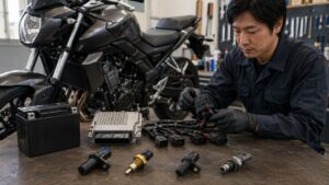 バイクのECUやセンサー類を並べてエラーコードの原因を診断する作業