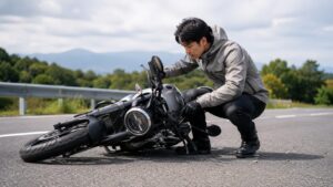 転倒後のバイクを起こして損傷や転倒センサーの状態を確認する日本人ライダー