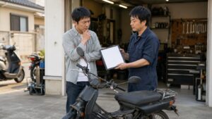 故障したバイクを修理するか買い取り査定に出すか整備士に相談する様子