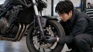 ヤマハバイクのスピードセンサー周辺を点検する日本人メカニック