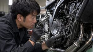 ヤマハバイクのクランクポジションセンサー周辺を点検する整備士