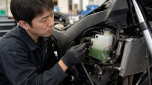 ヤマハバイクの冷却水タンクと水温センサーを点検する日本人メカニック