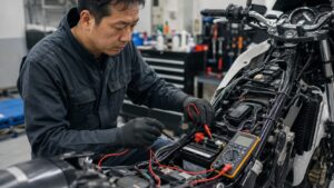 ヤマハバイクのバッテリー電圧をテスターで確認する日本人メカニック