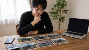 バイク買い取り会社を比較しながら売却を検討する日本人男性