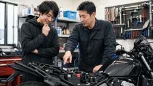ヤマハバイクのエラーコードについて整備士から説明を受ける日本人ライダー
