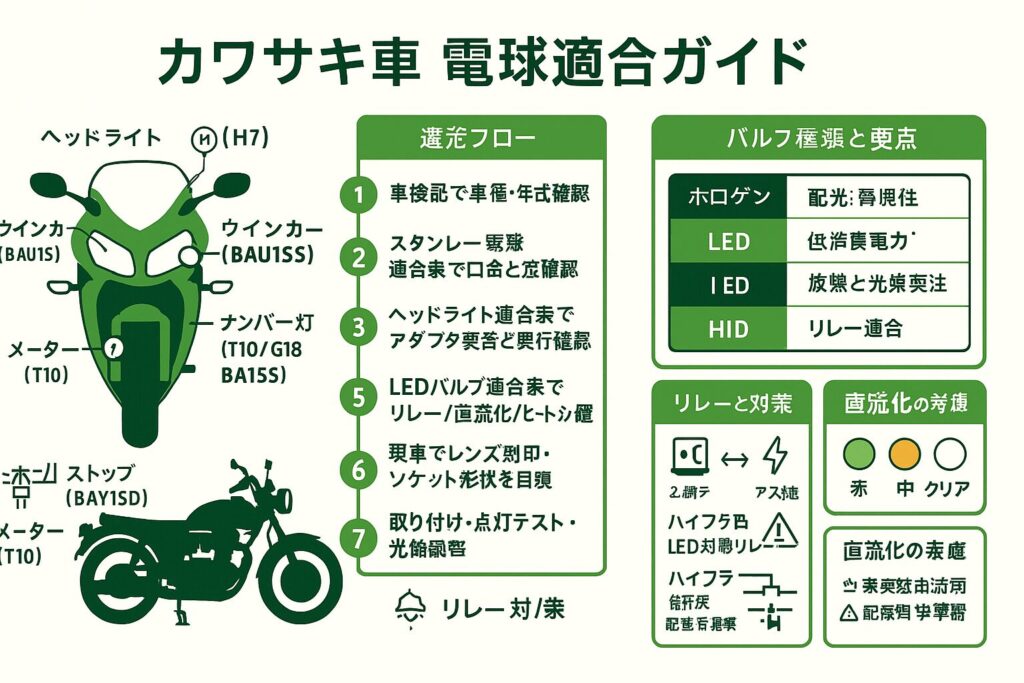 カワサキのバイクの電球適合表を徹底解説 交換手順と法規基礎