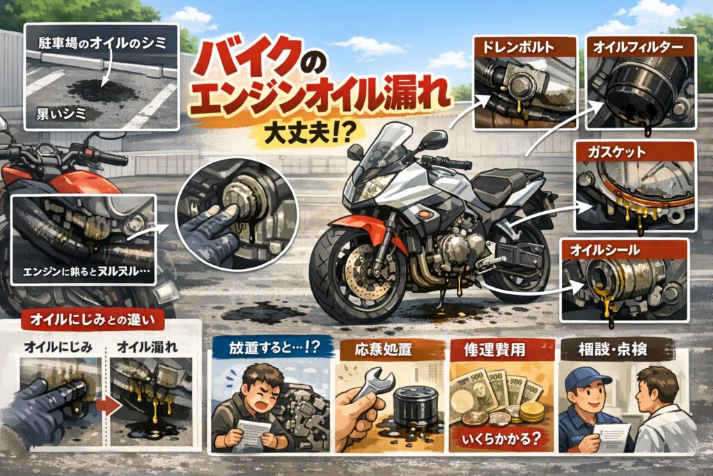 バイクのエンジンオイル漏れを見分ける症状と修理費用の目安